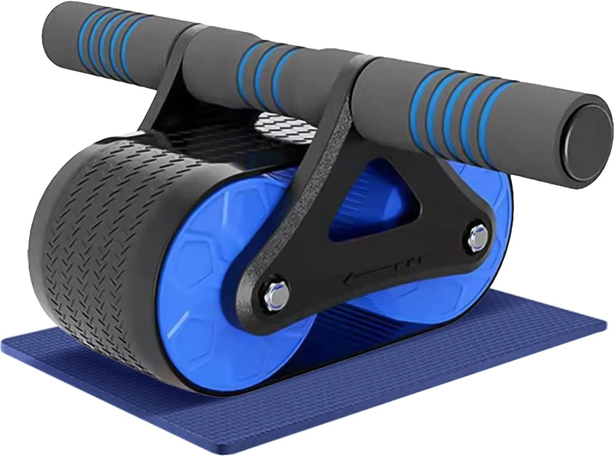 buikrol, basistrainingsapparaat, ABS-wielen, automatisch terugkaatsen, dubbel wiel met mat voor thuissport, kerntrainingsuitrusting (blauw)
