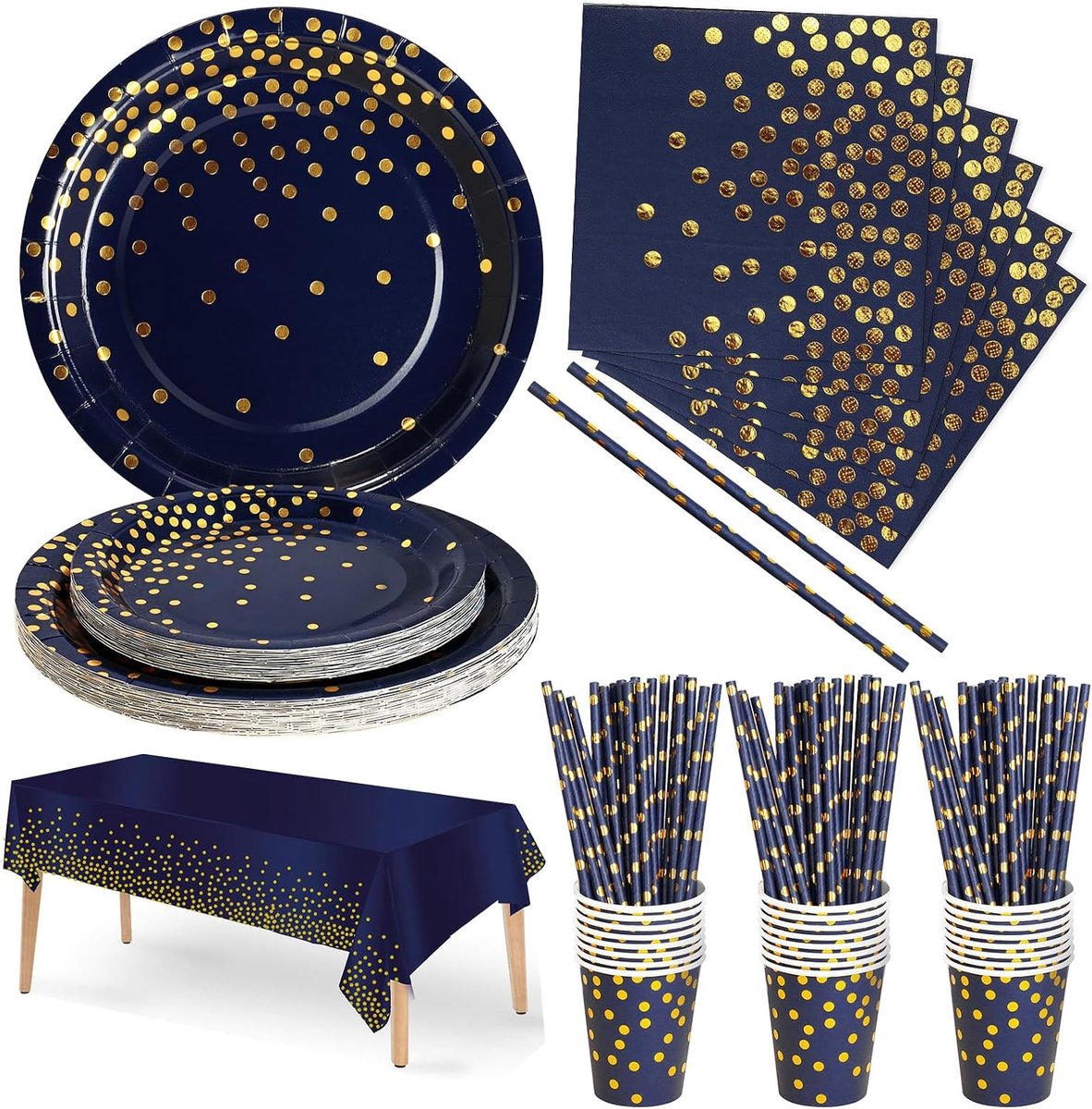 Feestservies 126-delig marineblauw goud papieren serviesset inclusief papieren borden voor verjaardag servetten kopjes rietjes voor bruiloft douche verloving bruiloft verjaardag - 25 gasten