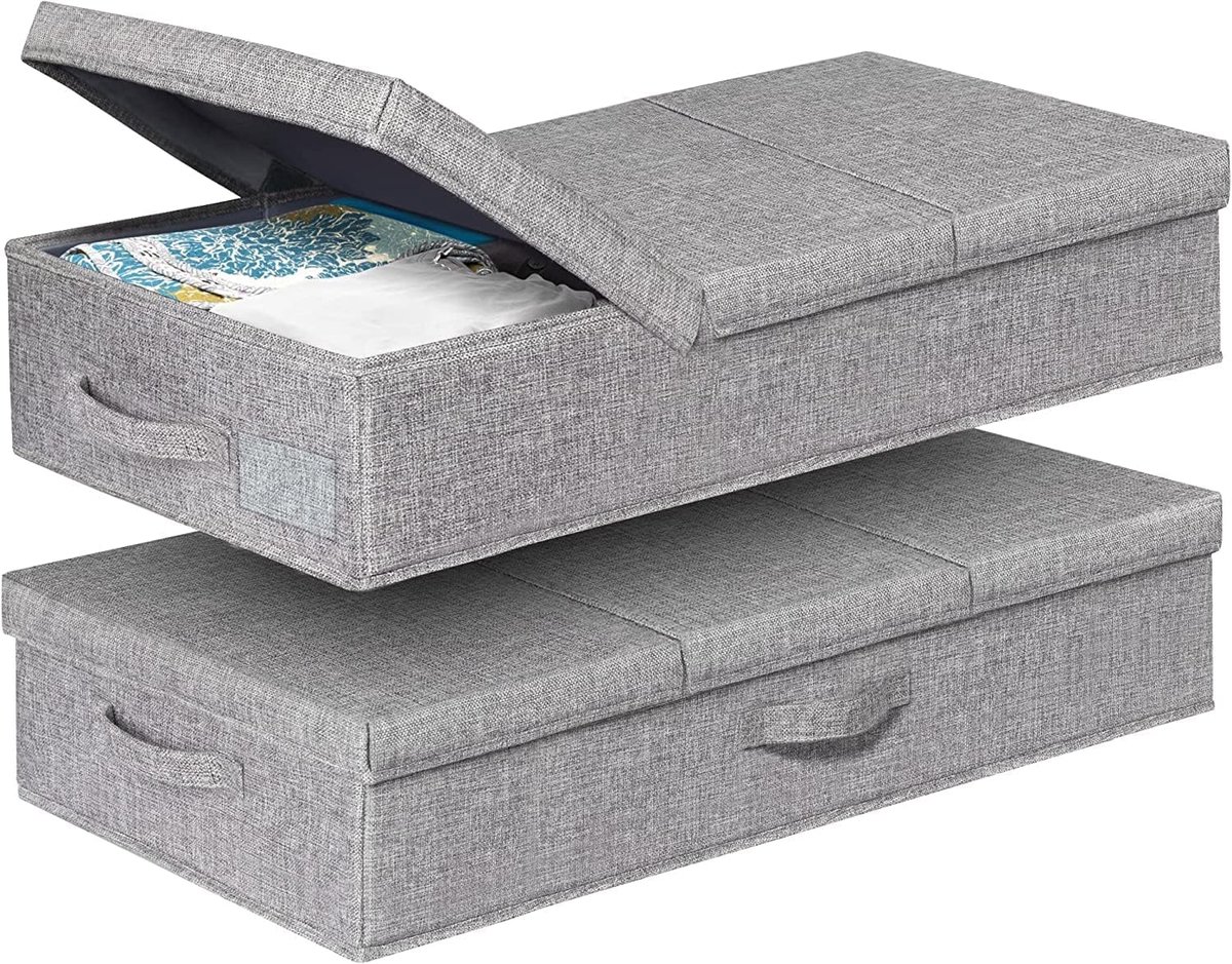 2 stuks opvouwbare opbergdoos, 15 cm hoog, platte onderbedcommode stabiel met deksel en handvat, stoffen opbergruimte, onderbedbox voor dekens, kleding, dekbedden, speelgoed, schoenen