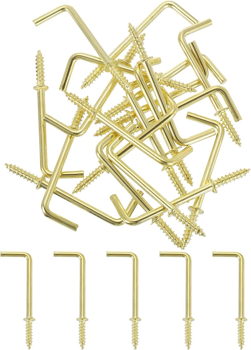 Haken, 1-1/2 inch rechthoekige kleine schroefhaken van koolstofstaal, 7 haakse haken om op te hangen, goud