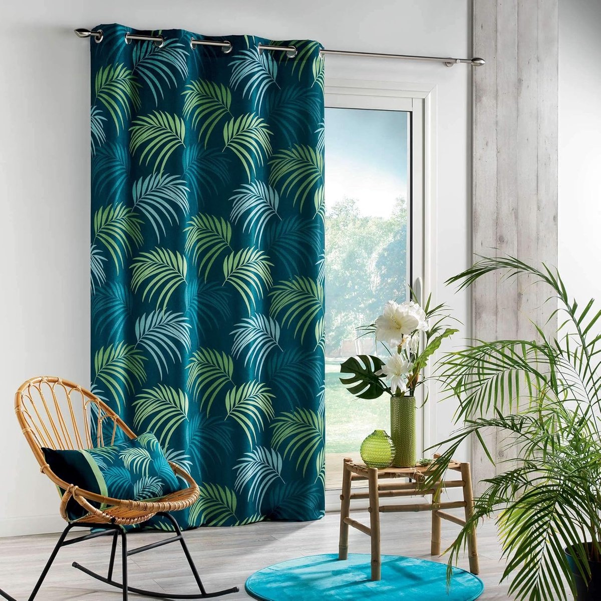 douceur d'intérieur, Oogjesgordijn (140 x 260 cm) blauw vegetal blauw, bedrukt polyester