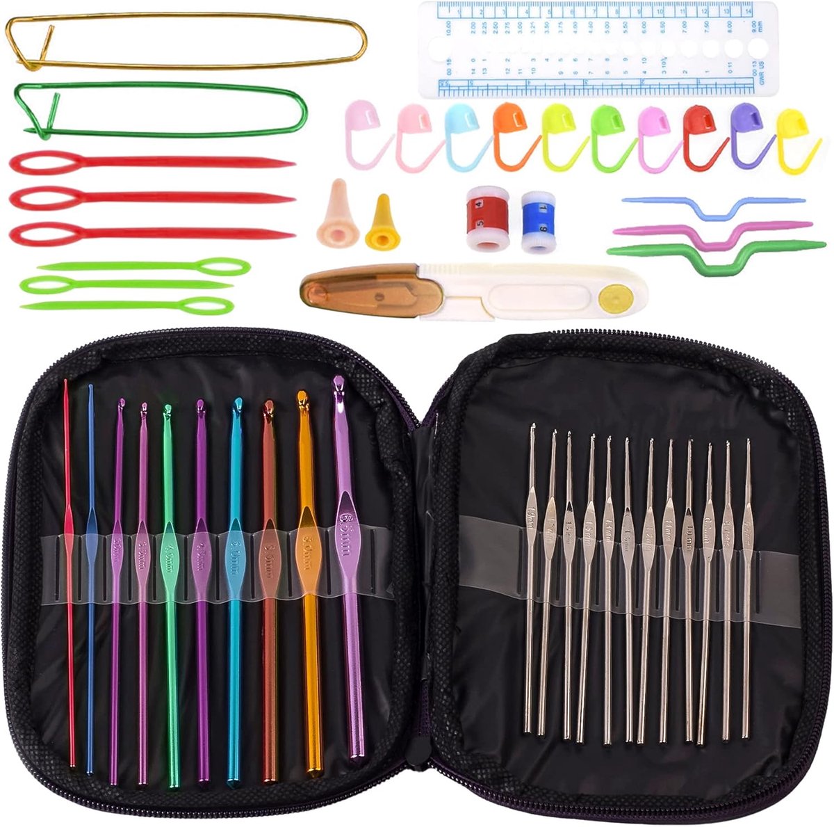 Kleurrijke ergonomische haakhaakset van aluminium met draagbare tas, mini-haakset met 22 stuks en accessoires breien, ideaal cadeau voor kinderen vanaf 8 jaar en volwassenen (zwart)