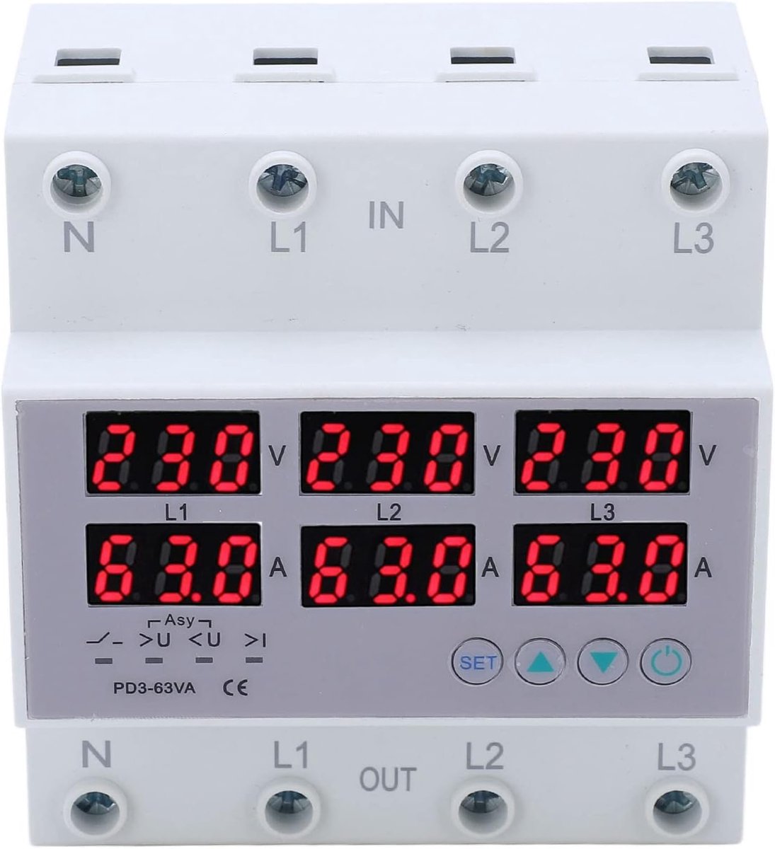 3-fasen DIN-rail Voltmeter Ampèremeter Multitester, AC 390‑500V Automatische Overspanningsbeveiliging voor Overstroom(63A)