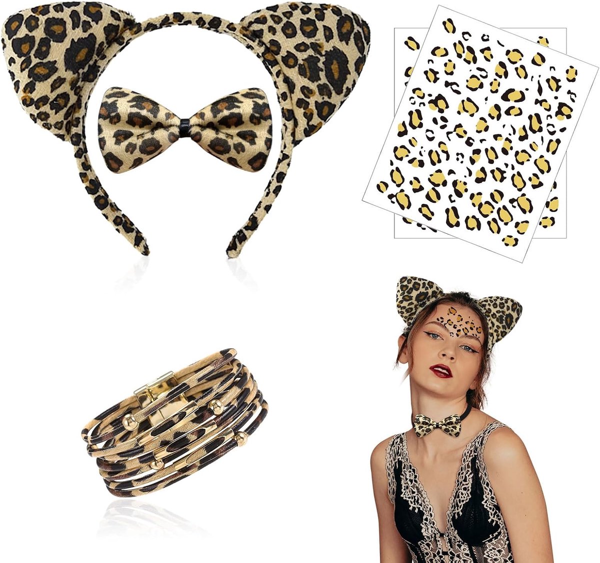 5 stuks luipaardprint pak, luipaard haarbanden, stropdassen, armband, 2 luipaard kunst stickers, voor cosplay kostuum, feestdecoratie, accessoires jungle feest Kerstmis