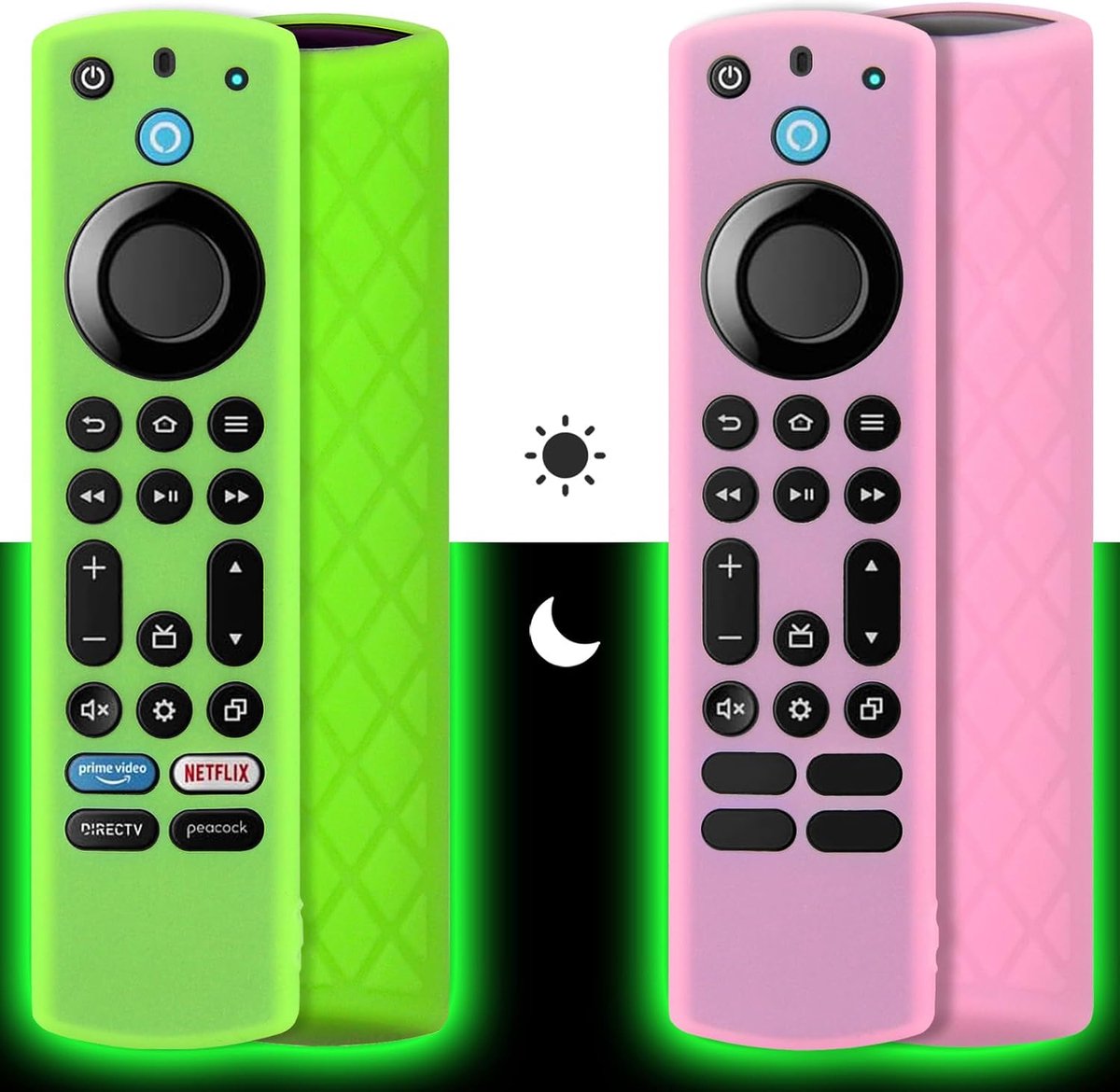 Silicone Ver Geval (2st, Glow in the Dark) Compatibel met Firestick 4K Max/Insignia/Pioneer/Omni (QLED) serie Alexa stem afstandsbediening Verbeterde met sleutelkoord (groen + roze)
