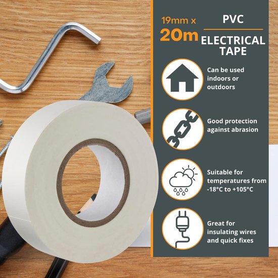 Witte PVC Elektroisolatieband, 19mm x 20m, 6 Rollen van Premiumband — afbeelding 3