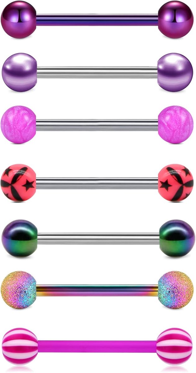 7-10Pcs Titanium Geanodiseerd Chirurgisch Stalen Tong Bars Ring 14G Metalen Tong Piercing Sieraden 12-18mm Barbell