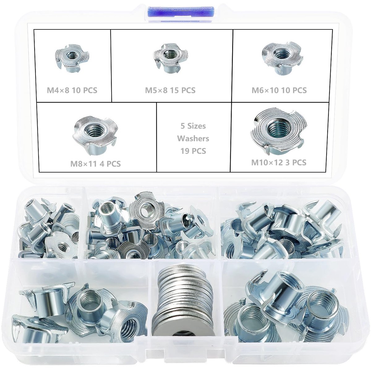 T-Moeren Set, Vierpuntige T-moeren, 4 Tand T-Gleufmoeren, met 19 Stuks Ringen, voor Hout, Kasten, Meubels