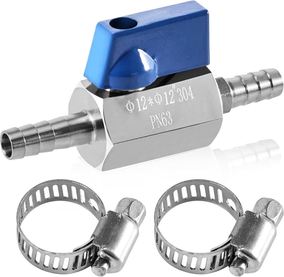 12mm kogelkraan van 304 roestvrij staal incl. 2 slangklemmen, mini afsluitventiel voor water, gas, olie, brandstof, druppelirrigatie, aquarium
