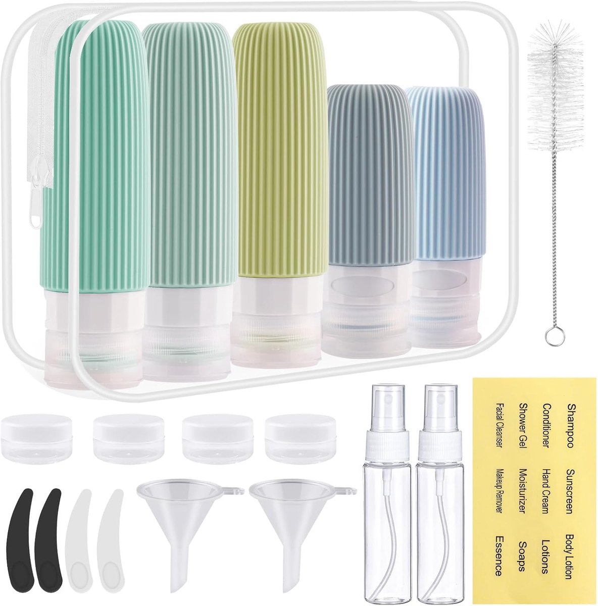 20 stuks navulbare reisflessen van siliconen met reisaccessoires, toilettas voor gel en champu, cosmetica, lotions en vloeistoffen, lekvrij, groen