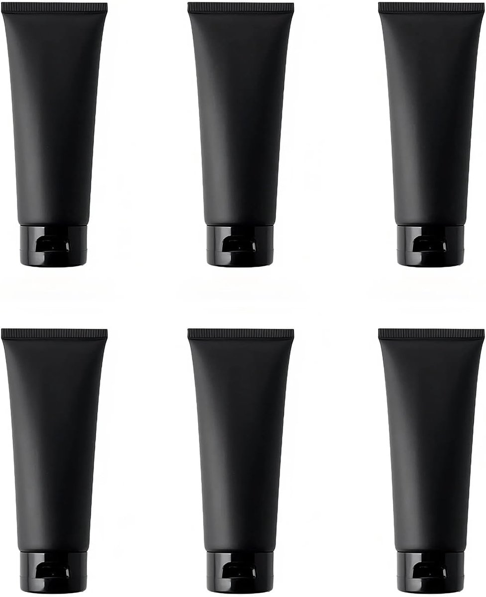 6 stuks 100 ml 3,3 oz zwarte plastic reisflessen, hervulbare knijpbuisjes met klepdop voor shampoo, lotion, toiletartikelen, make-up, cosmetisch opbergen