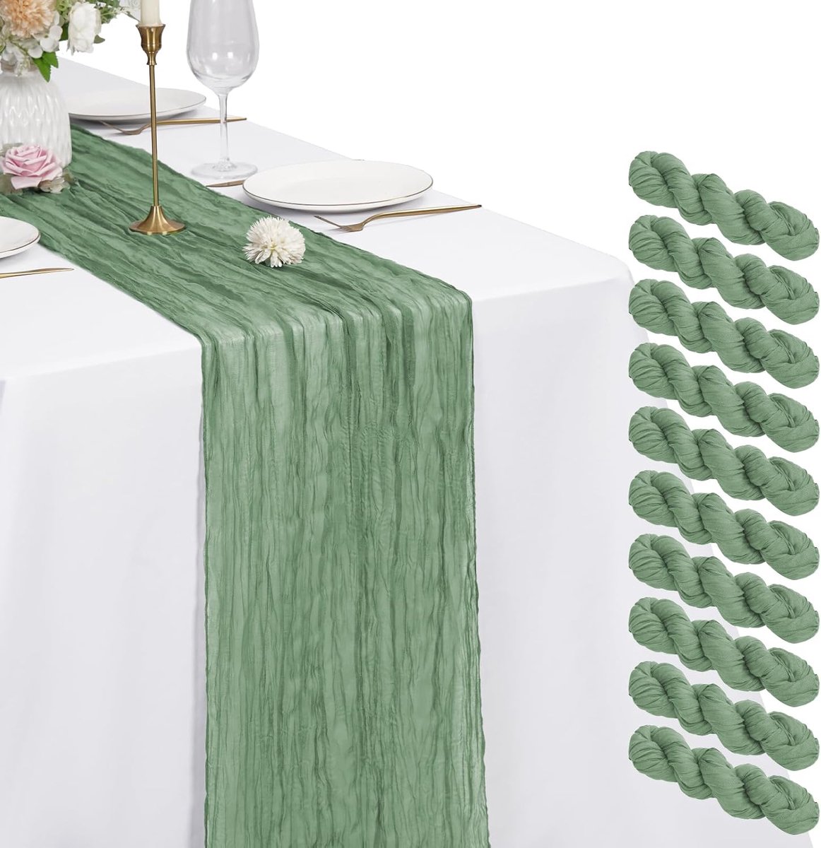 10 stuks saliegroene kaasdoek, tafelloper, 55 x 300 cm, rustieke gaasstof voor bruiloften, festivals, verjaardag, jubileum, afstuderen, diner, buitenfeesten