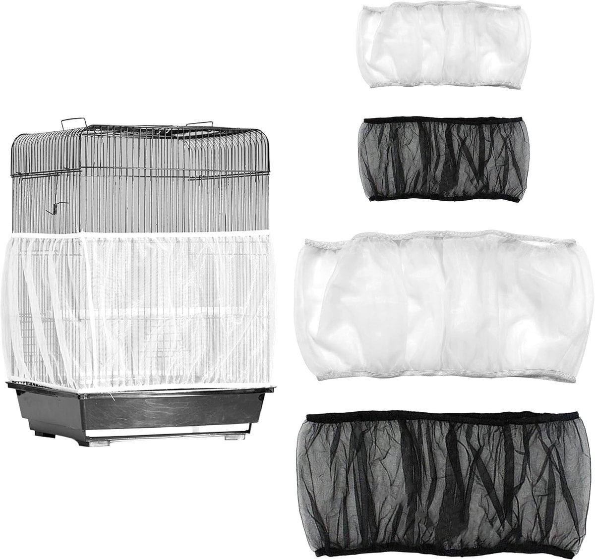 4 Stuks Vogelkooi-afdekking, 2 Maten Afdekking voor Vogelkooi, Zwart Wit Universele vVogelkooi-Afdekkingen Kooiafdekking Nylon voor Ronde Vierkante Vogelkooien