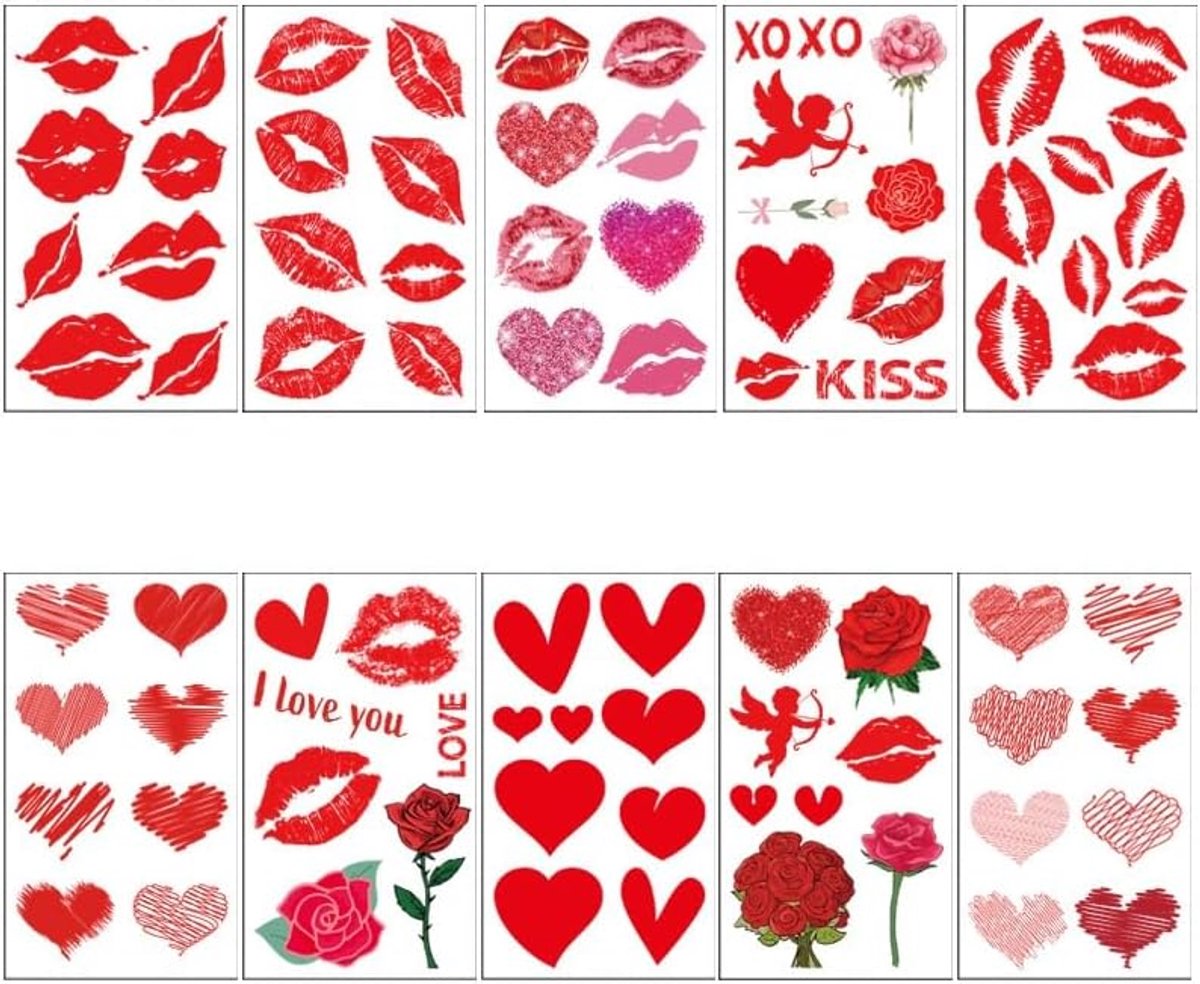 Tijdelijke tatoeages met glitter voor carnaval, Halloween, feestjes – waterdichte liefdesmotieven in rood en roze – incl. handleiding (mogelijk niet beschikbaar in