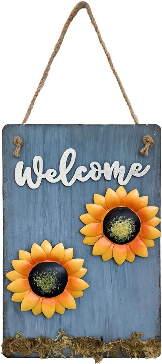 Blauw houten welkomstbord met touw 11 x 7,1 inch tuinpoort toegangsbord wanddecoratie voor binnen buiten voordeur veranda tuin kantoor ijzer zonnebloem echt mos decoratie geschenk muurkunst