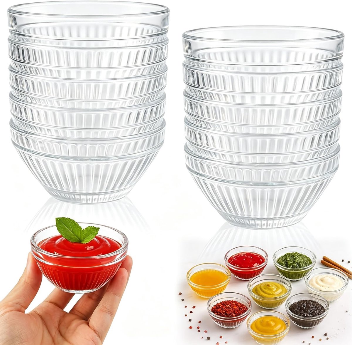 10 Kleine Glazen Schalen Bulk 7.5cm, 75 ml Kleine Glas Kommen voor Dipschalen, Snacks, Toppings, Kruiden, Hapjes, Stapelbaar, Vaatwasmachinebestendig
