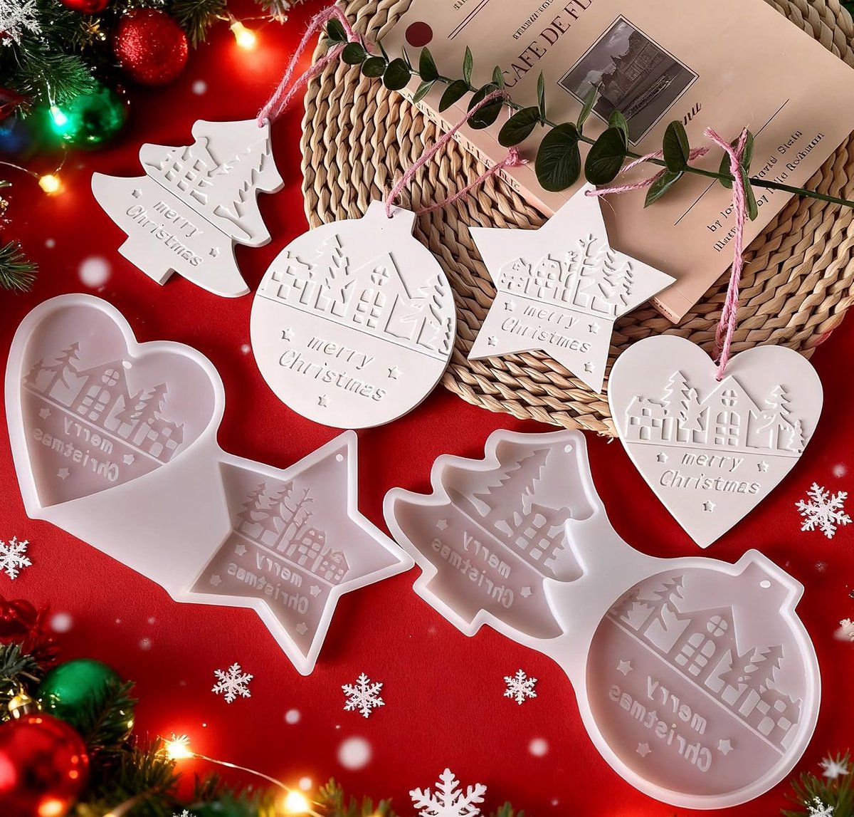 gietvormen Kerstmis, 4 stuks doe-het-zelf siliconen vormen, kersthangers, siliconen vorm dennenboom, ster, hart, gipsvormen, siliconen om te gieten voor Kerstmis (Kerstmis)