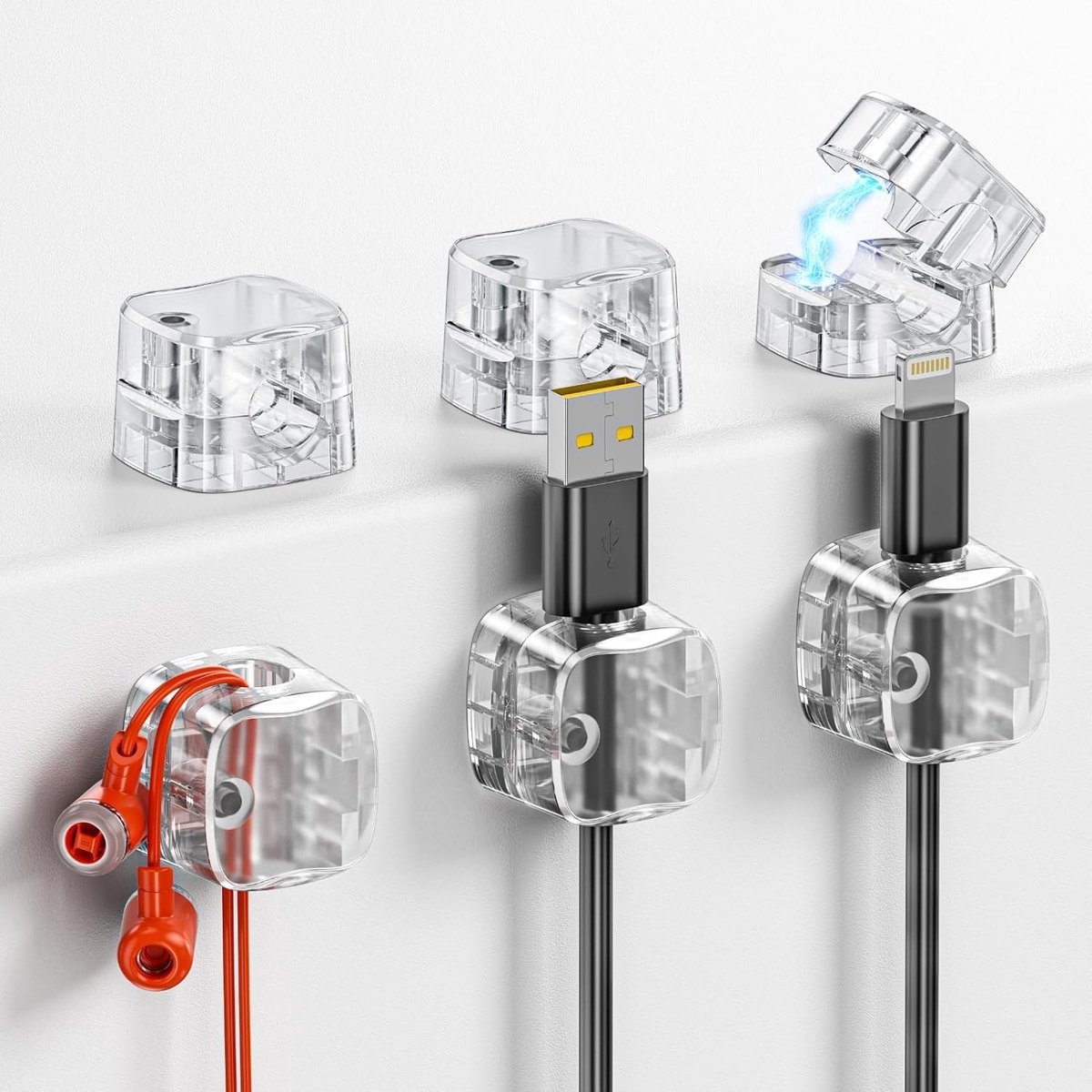 Magnetische kabelclip, 6 stuks, kabelklemmen voor bureau, kabelmanagement, zelfklevend, voor nachtkastje, keuken, kabelhouder voor USB-kabel (transparant)