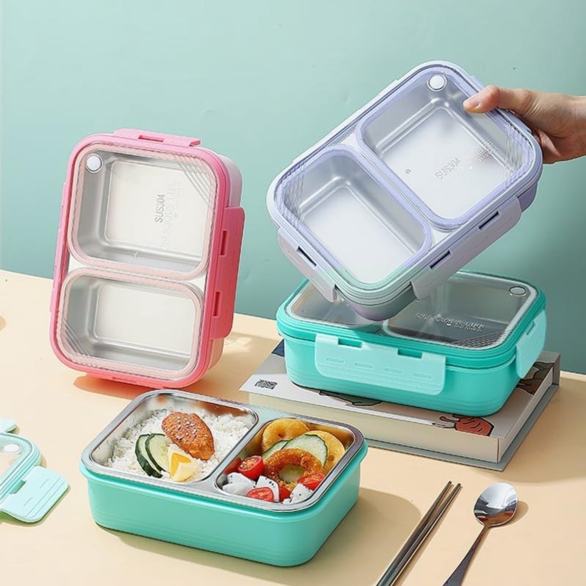 Stainless Steel Bento Lunch Box – 2 Compartments – 700 ml – Leakproof – BPA-Free – RVS Lunchbox for School & Office (Blue)