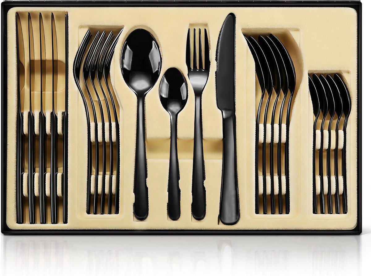 Bestekset, Spiegelglanzende 24-delige roestvrijstalen bestekset, Keukenbestekset voor 6 personen, Serviesgoedset voor thuis en restaurant, inclusief geschenkverpakking