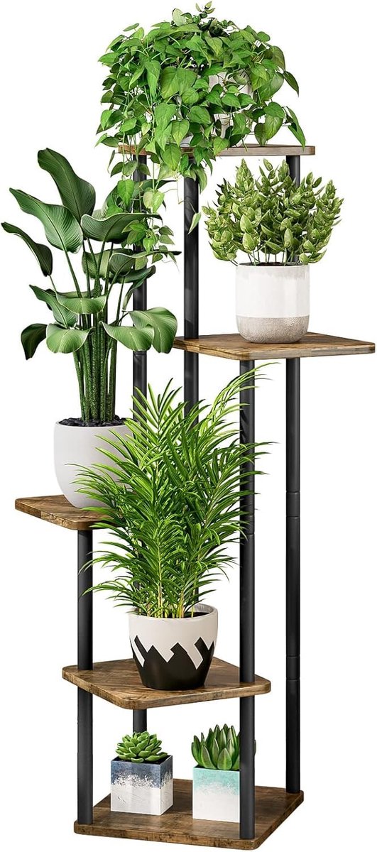 5-traps metalen plantenrek voor meerdere planten, hoge hoekbloemenhouder voor terras, tuin, woonkamer, balkon, slaapkamer (5 niveaus zwart + rustiek bruin)