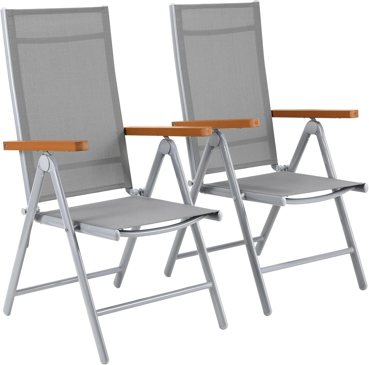 Aluminium tuinstoelen, tuinstoel, hoge rugleuning, inklapbaar met 7-voudig verstelbare rugleuning, teakbruin WPC armleuningen, balkonstoelen tot 120 kg, lichte campingstoelen, comfortabel
