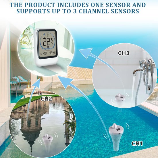 2025 Verbeterde Digitale Draadloze Zwembadthermometer, IPX7, Wifi Drijvende Waterthermometer Met Binnentemperatuur LCD-Monitor voor 80m Bereik, Badthermometer voor IJsbad, Zwembaden, Whirlpools, Spa's — afbeelding 3