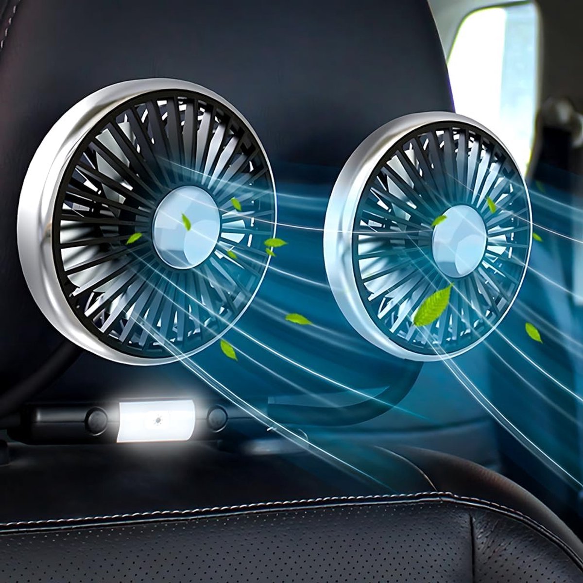 Autoventilator, 12 V, dubbele kop, USB-ventilator, 360 graden draaibaar, autoventilator, koude luchtventilator met 3 snelheden, voor achterbank, voor vrachtwagen, SUV, camper