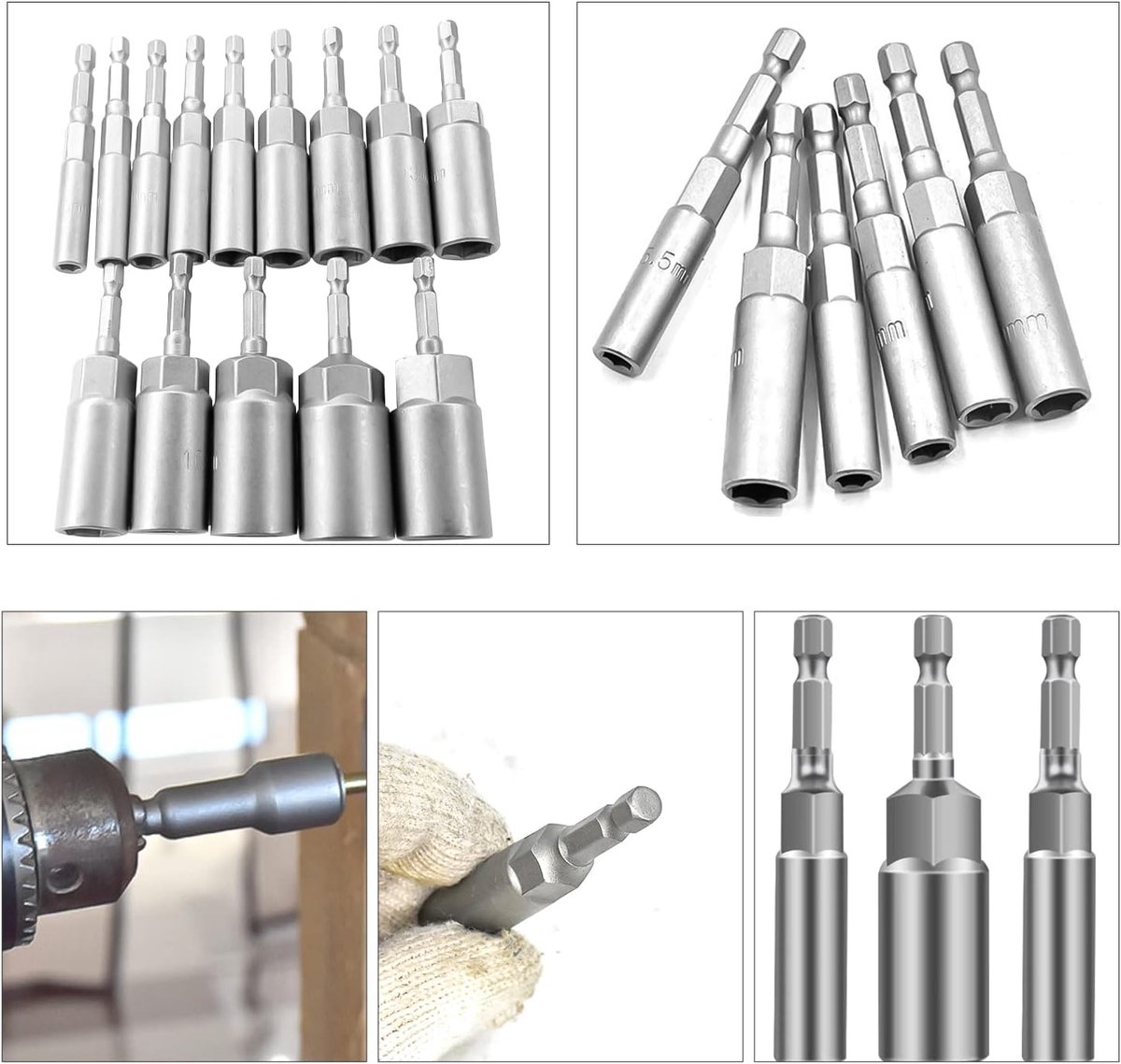 14 stuks verdiepen zeshoekige socket, 6-19 mm zeskantschacht moer setter driver, zeskantboren, 1/4 inch diepte boor set, gebruikt voor elektrische schroevendraaier handvat gereedschap (zilver)