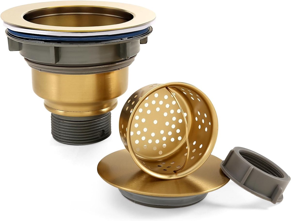 114 mm Keuken Gootsteen Afvalkit Vervanging Spoelbak Afvoer Assemblage Uitneembare 304 Roestvrij Staal Verdiepte Spoelbak Zeef Mand met Afdichtingsdeksel voor Keuken Wasruimte Camper (Goud)
