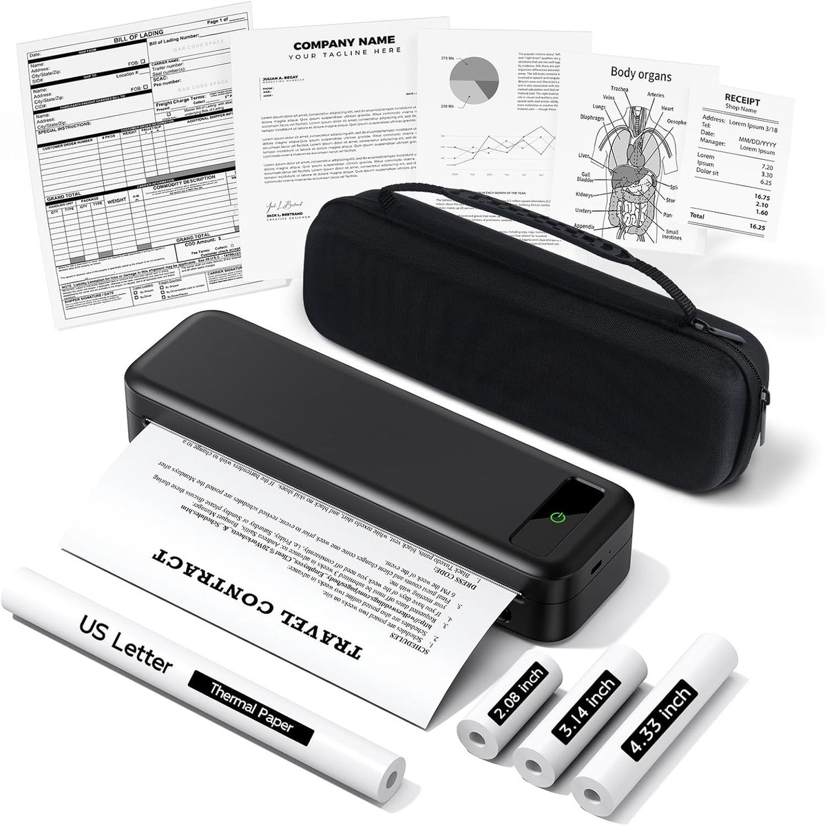draagbare draadloze printers voor reizen, kleine inktloze printer voor telefoon laptop, Bluetooth mobiele printer ondersteuning 8,5 "x 11" US Letter/A4/4.33"/3.14"/2.08"