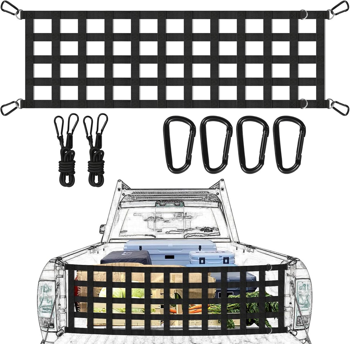 60"x 18" Laadnet voor laadbak van vrachtwagen met 2 verstelbare touwen, Klepnet voor volledige grote vrachtwagen, Gebruiksvriendelijk laadnet (Zwart)