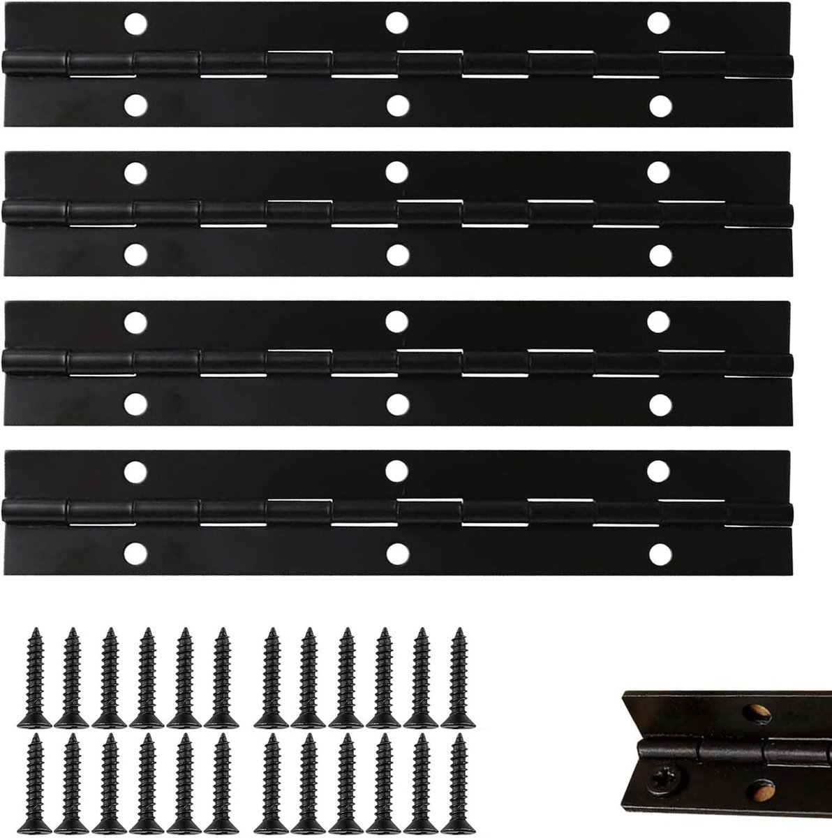 Set met Schroeven: Deze set bevat vier hoogwaardige piano-bisagra's van 304 roestvrij staal, elk 6 x 1,2 inch groot, samen met 24 schroeven voor een eenvoudige installatie.