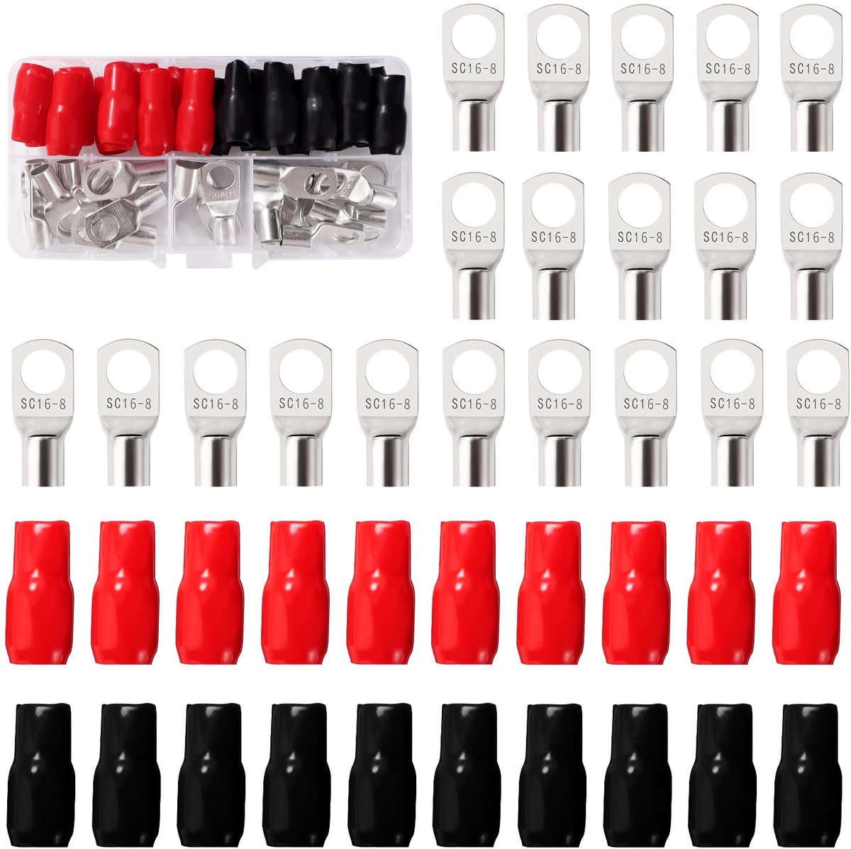 40 Stuks M8 SC16-8 AWG6 Ringklemmen Set, Buisvormige Batterijkabeluiteinden, Batterij Kabel Eind Terminals, met Isolatie Mouwen, voor Elektrische Kabel, Zilver