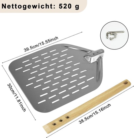 Pizzaschep met afneembare houten handgreep, aluminium pizzaschep, perfect voor pizza-accessoires (70 x 30 cm) — afbeelding 5