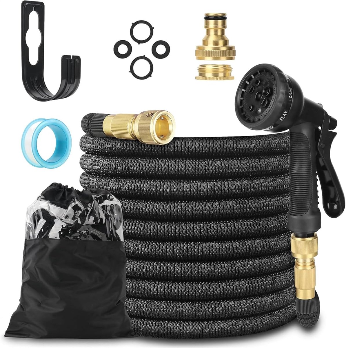 7,6 m uitbreidbare tuinslang met 1/2" & 3/4" massief messing fittingen, knikloze flexibele magische slang voor huis, gazon, auto met 8 functies watersproeier