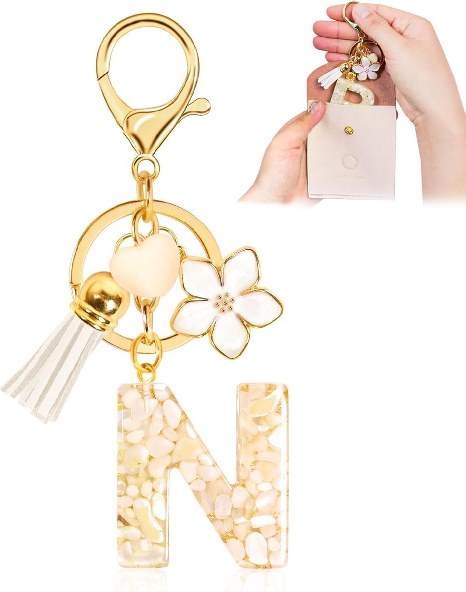 Dames, initiaal sleutelhanger voor meisjes, met letters, cadeau voor personalisatie, met hart- en bloemenhanger, beige