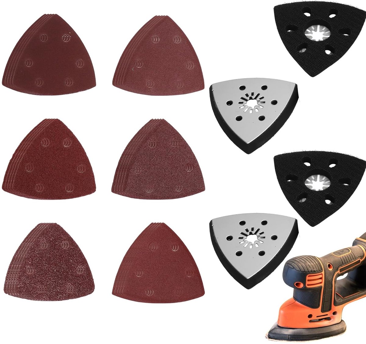Schuurschijf, driehoekig, 93 mm, 6 gaten, met 30 schuurpapier, korrel 40-240, multitool, zelfklevend, voor hout, metaal, muur, renovatie, compatibel met Fein Multimaster, Bosch