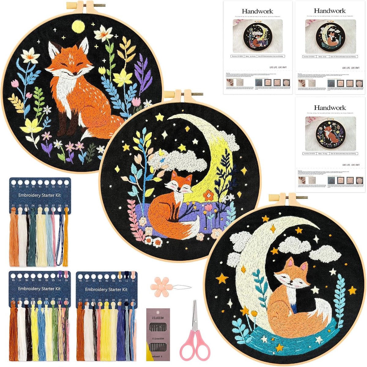 3-delige borduurset met vossenpatroon voor beginners en volwassenen, handgemaakte naai-kunst borduurstarterkit, gestempeld kruissteekpakket met gereedschapsset, borduurring, instructie, naald en