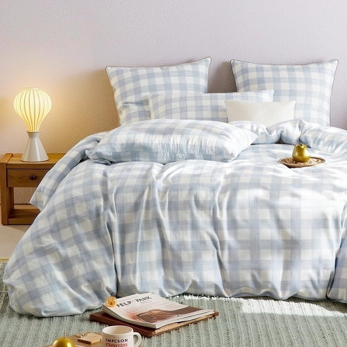 Dubbel mousseline beddengoed 155x220 cm katoen, linnenlook Öko-Tex beddengoed met blauw wit geruit patroon met ritssluiting en 1 kussensloop 80x80cm
