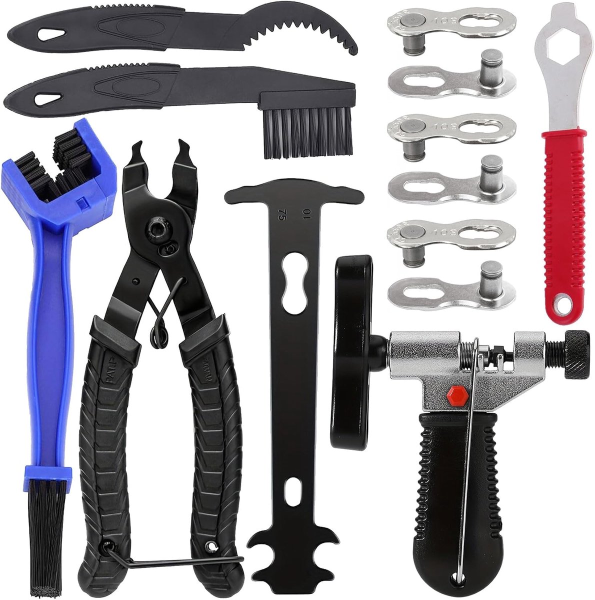 Kettingklinknagels voor fiets, fietskettinggereedschap, kettingtester, kettingslotang, kettingverwijderaar, fietsketting, reparatieset met 3 paar fietskettingen, klinkgereedschap voor 6-10