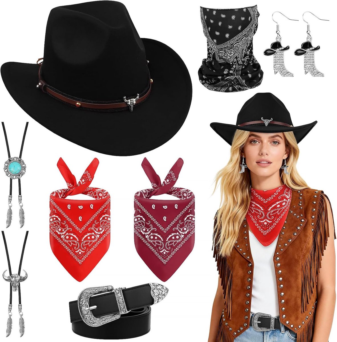 8 PCS Cowboykostuum voor Dames, Cowgirl-kostuum Volwassen voor Themafeesten | Cowgirlkostuums en -accessoires, Waaronder een Cowboyhoed, Riem en Sjaal, Zijn Perfect voor Halloween en Carnavals(Zwart）