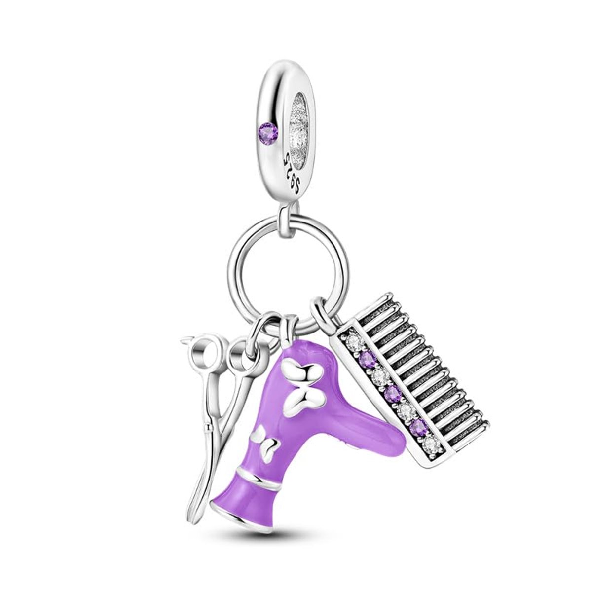 Fler® | Bedel | Past op populaire bedelarmbanden (standaard - 3mm) | Kappers Bedel | Hangbedel Charm | 925 sterling zilver | Paarse & transparante zirkonia | Paarse & witte emaille | Valentijnsdag Cadeau | Sinterklaas kado | Kerstcadeau | Verjaardag