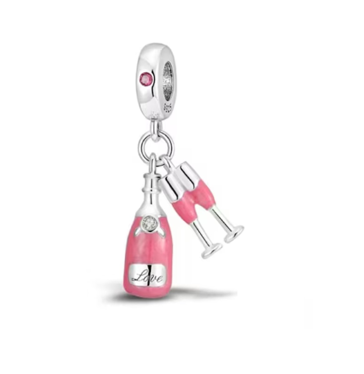 Fler® | Bedel | Past op populaire bedelarmbanden (standaard - 3mm) | Champagne Bedel | Hangbedel Charm | 925 sterling zilver | Transparante & roze zirkonia | Roze & zwarte emaille | Valentijnsdag Cadeau | Sinterklaas kado | Kerstcadeau | Verjaardag