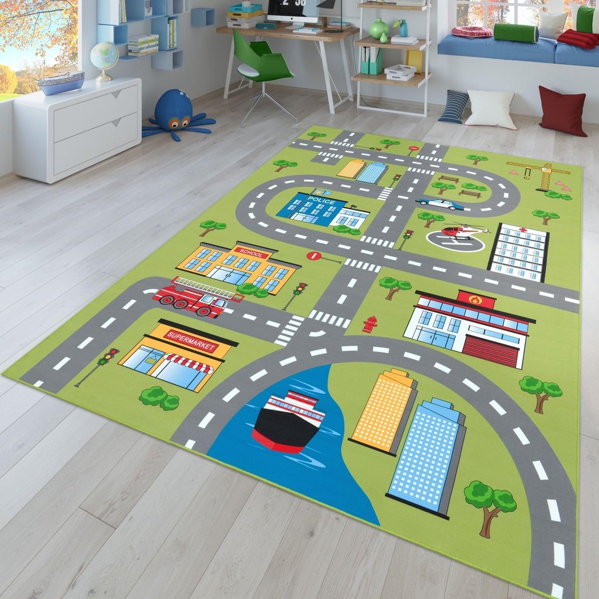 Home Vloerkleed Kinderkamer Meisjes Jongens Antislip Modern Straat Autos, Kleur:Groen 2, Maat:100x200 cm