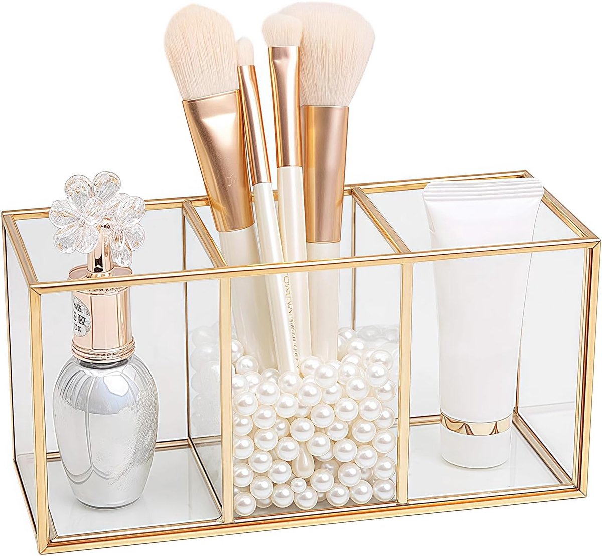 organizer, penseelhouder, penhouder, glas en messing, bureau-organizer, cosmetica-opslag voor kwasten, eyeliner, lippenstift