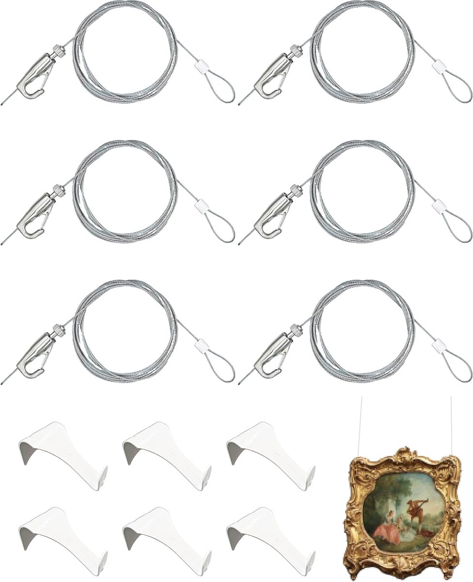 Hanging Kit - Foto-railhaken met 6 van elke witte railhaken, 183 cm onzichtbaar luskoord, 6 verstelbare haken, roestvrijstalen sierhangers nylon en stalen kabel (6 stuks)