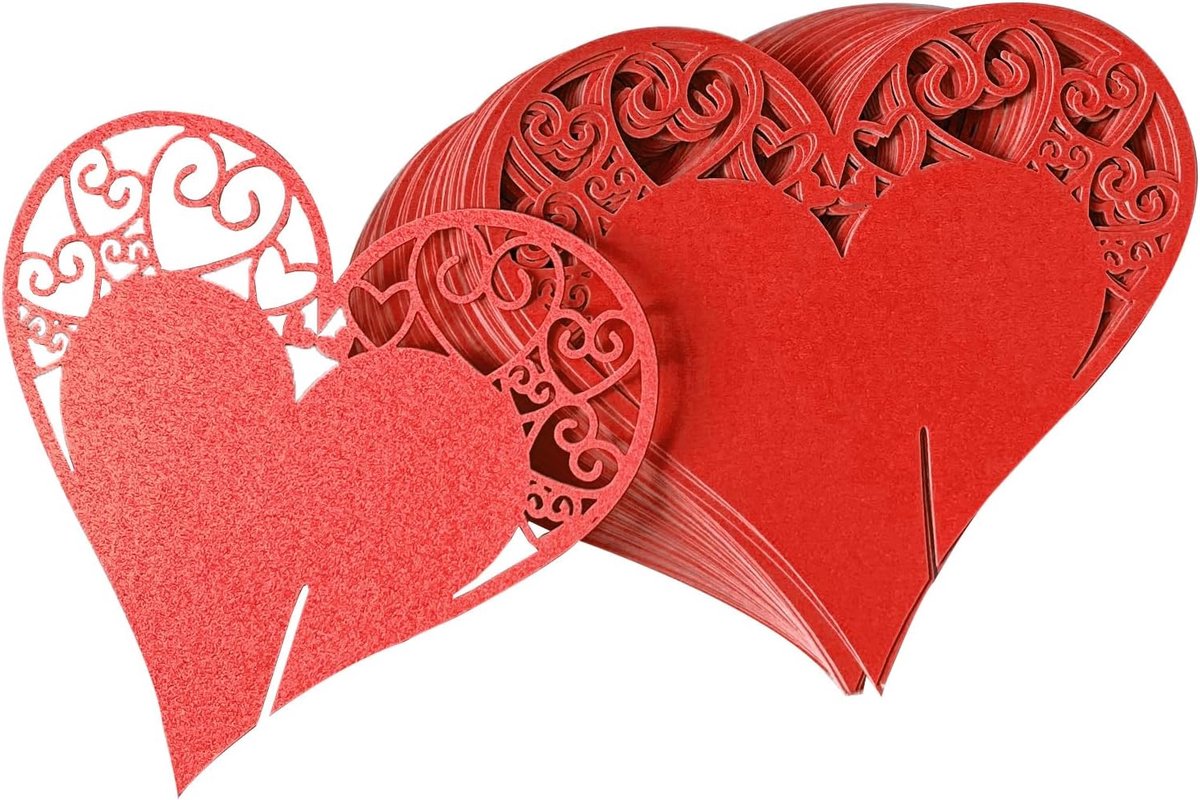 50 Stuks Hartvorm Bruiloft Holle Naam Tafelkaarten, Rood Hartvormig Plaats Kaarten, Rood Hartvormig Tafel Tafelkaarten, voor Feest, Bruiloft, Dans, Wijnglas (Rood)