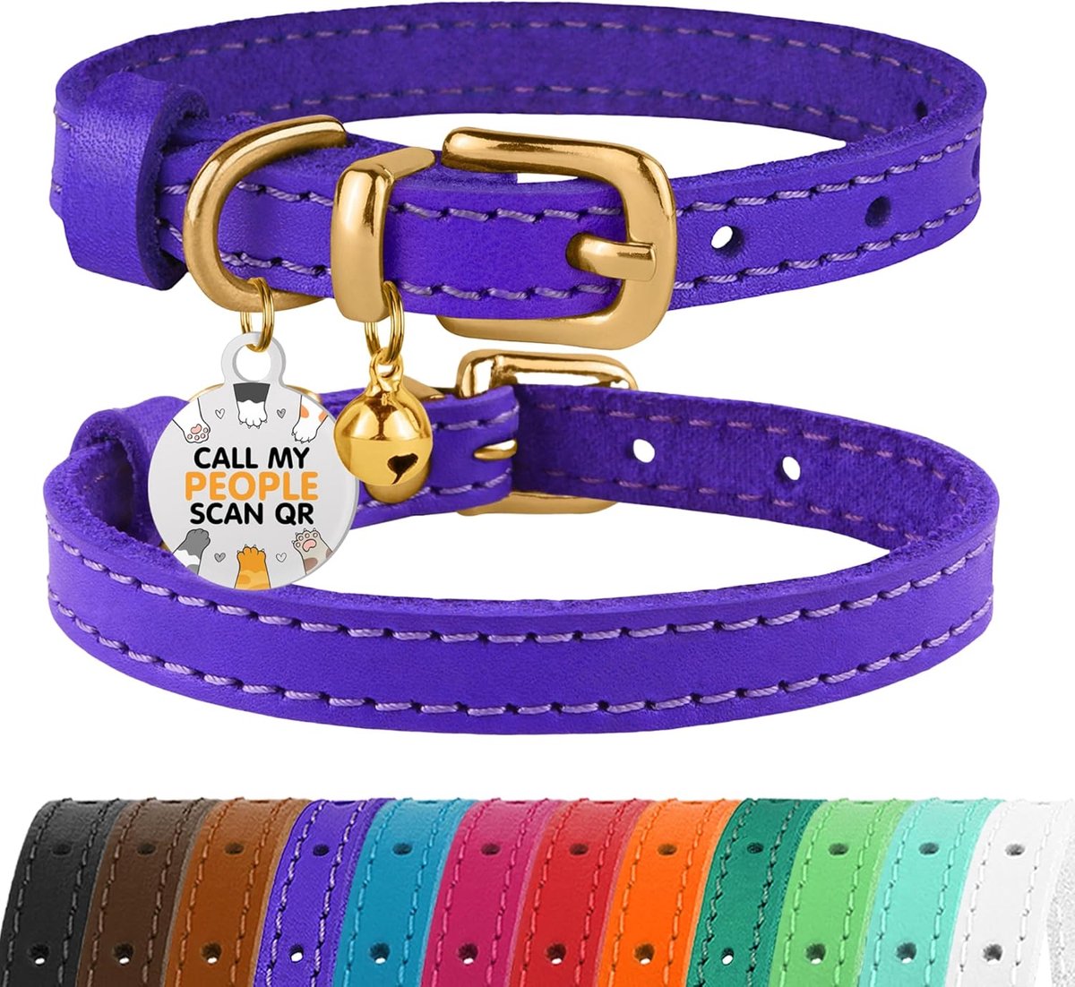 Lederen kattenhalsband met belletjes, niet-ontsnapping, poesje, QR-tag voor meisje en jongen (paars en goud, 18-22 cm)