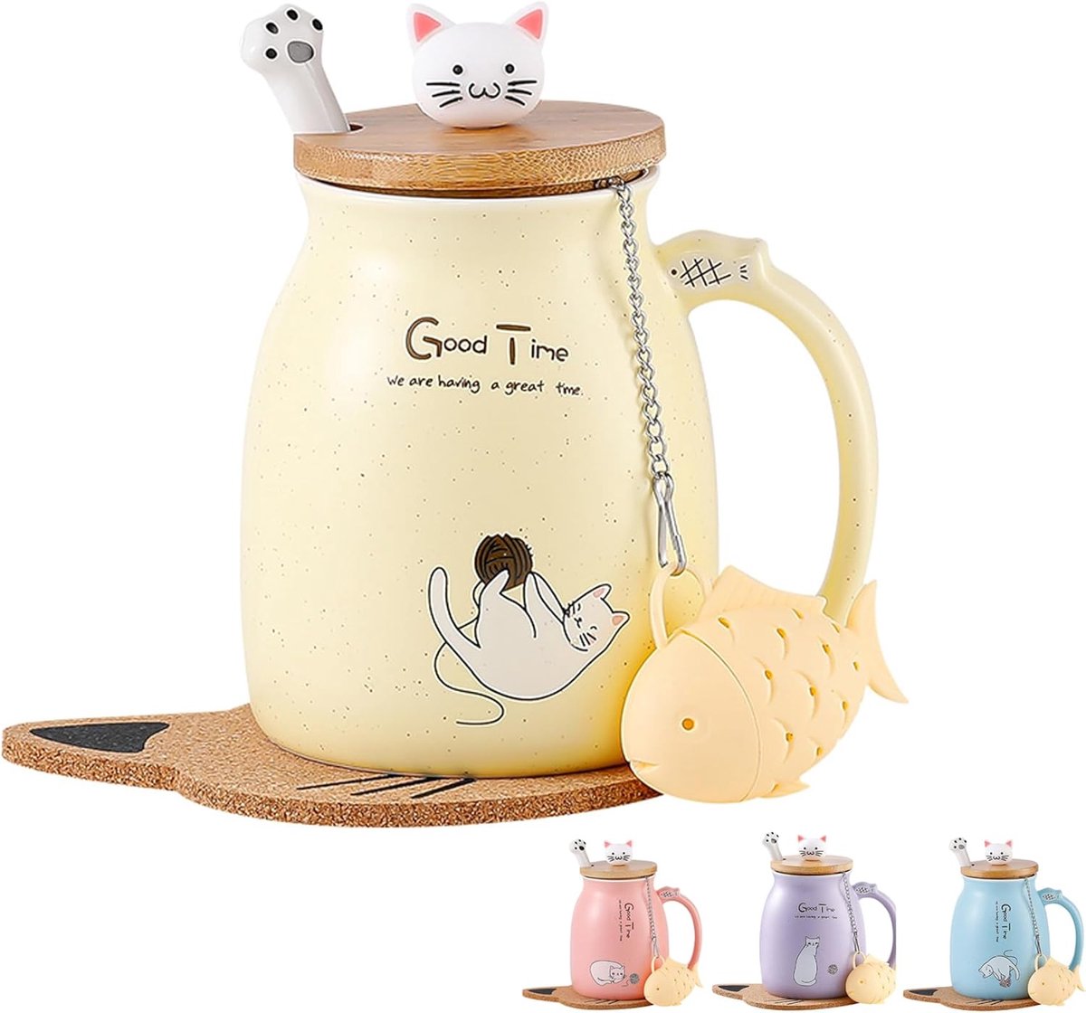 Mok Leuke Keramische Koffiekop met Mooie Kitty deksel Roestvrijstalen Lepel, Nieuwigheid Ochtendbeker Thee Melk Kerstmok Gift 380ML (Geel)